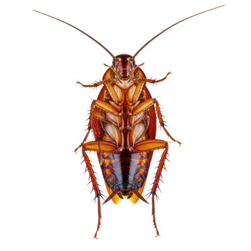 Extreme macro photograph of a glossy reddish-brown adult cockroach specimen, detailed chitinous exoskeleton and antennae visible, isolated on a seamless white background, hygienic pest control concept