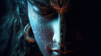 A figure of a deity shows unique carvings and markings. The lighting highlights the facial features and decorations. This scene occurs during a religious ceremony in a temple setting.