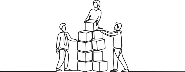 Single continuous line drawing of business team member arrange wooden cube block become sturdy tower together to improve team building. one line Icon drawing