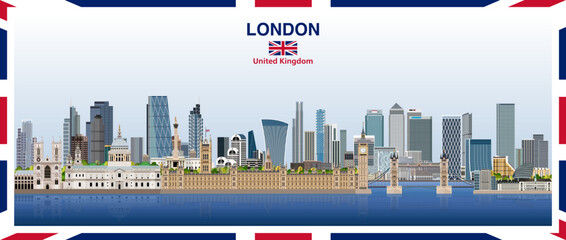 London abstract stylized city skyline with a frame border in the colours of the United Kingdom flag. Vector illustration