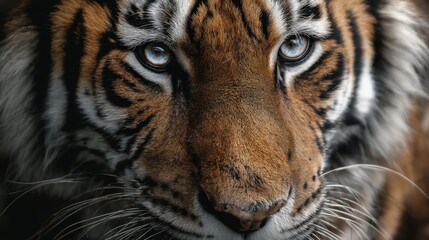 A tiger stares directly at the camera showing its striking eyes and unique fur patterns. The animal is resting in its natural environment surrounded by muted shades of brown and green.
