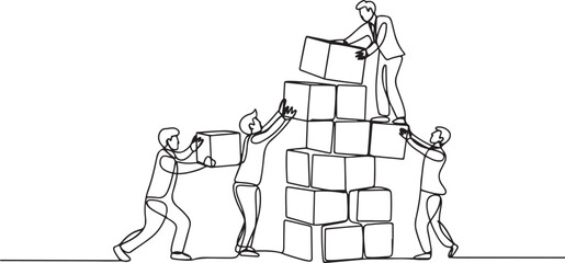 Single continuous line drawing of business team member arrange wooden cube block become sturdy tower together to improve team building. one line Icon drawing