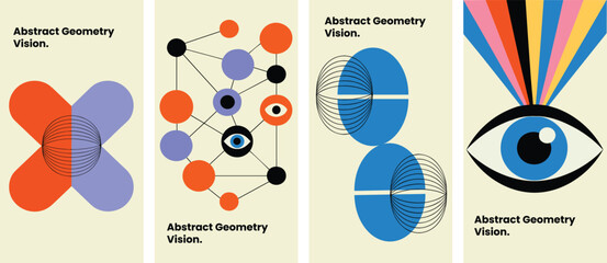 Trendy abstract geometry vision posters set with minimalist shapes, interconnected networks, and vibrant psychedelic eye illustrations for modern design.