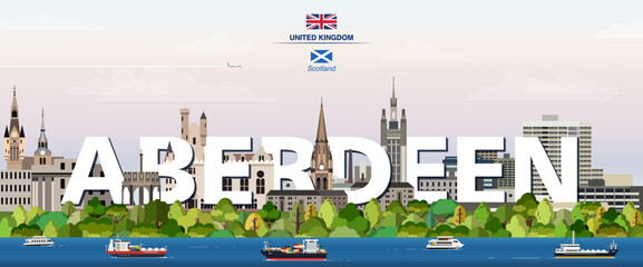 Aberdeen graphic stylized cityscape colorful vector illustration with big city name on the background