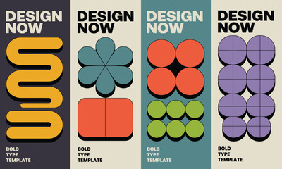 Bold geometric abstract poster templates set with retro 70s shapes and vibrant colors for modern graphic design banners.