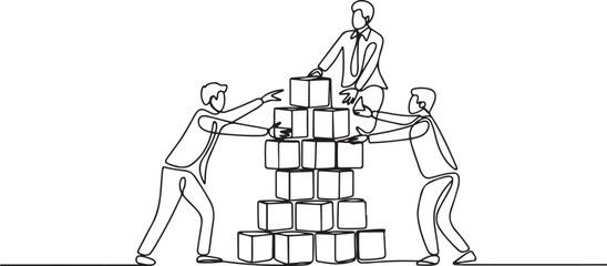 Single continuous line drawing of business team member arrange wooden cube block become sturdy tower together to improve team building. one line Icon drawing