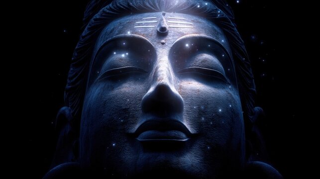 A large statue of Buddha is shown in a dark setting. The face of the statue has light and stars around it highlighting its features. The focus is on the serene expression and details.