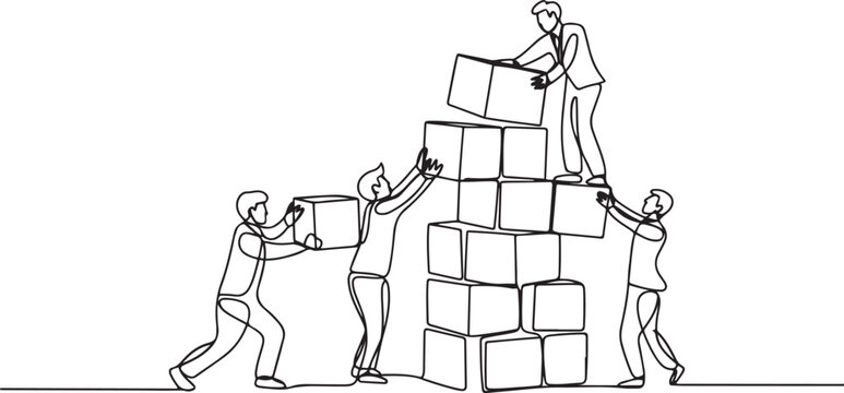 Single continuous line drawing of business team member arrange wooden cube block become sturdy tower together to improve team building. one line Icon drawing