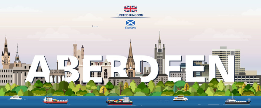 Aberdeen graphic stylized cityscape colorful vector illustration with big city name on the background