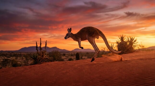Kangourou dans le d&eacute;sert australien au coucher du soleil