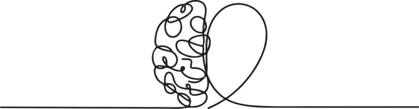 One continuous line drawing of half human brain and love heart shape logo icon. Psychological split affection logotype symbol template concept. one line Icon drawing