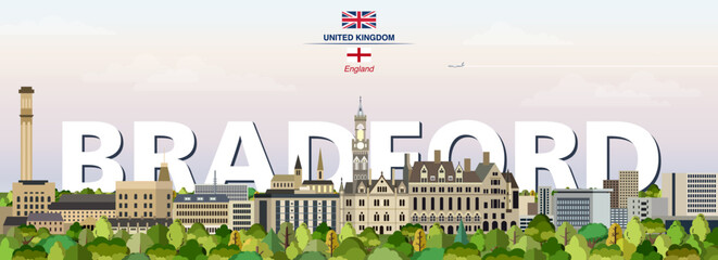 Bradford graphic stylized cityscape colorful vector illustration with big city name on the background