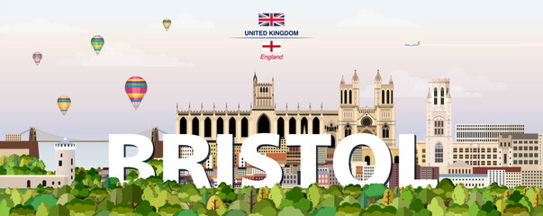 Bristol graphic stylized cityscape colorful vector illustration with big city name on the background