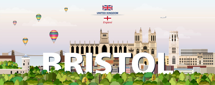 Bristol graphic stylized cityscape colorful vector illustration with big city name on the background