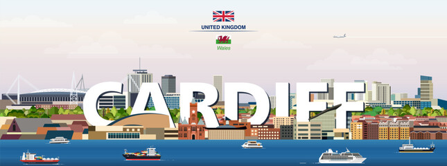 Cardiff graphic stylized cityscape colorful vector illustration with big city name on the background