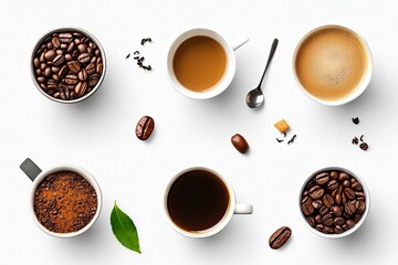 Coffee drinks and roasted beans flat lay on white background / Top view of espresso latte and black coffee with coffee beans
