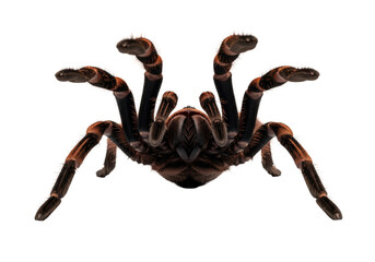 Fototapeta premium massive photorealistic goliath tarantula in an aggressive threat posture, densely covered in reddish-brown setae, isolated on a stark white background, concept of intense arachnophobia fear