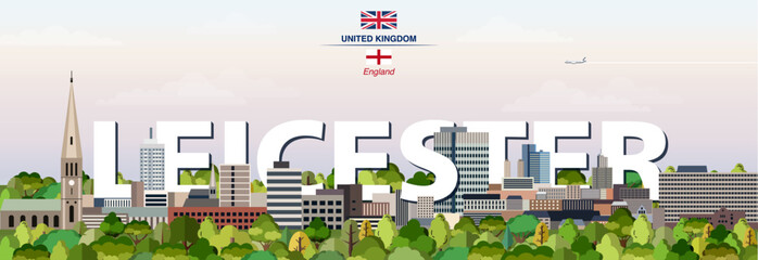 Leicester graphic stylized cityscape colorful vector illustration with big city name on the background