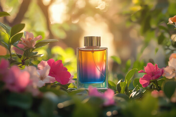 colorful perfume bottle in a flowery meadow
