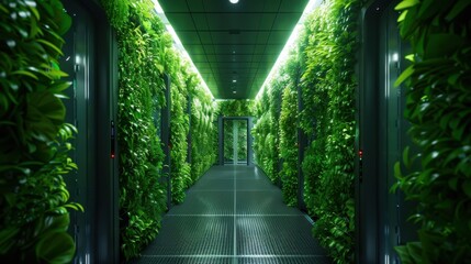 energy-efficient AI server room with interactive green walls