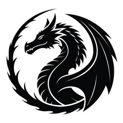 Fototapeta premium Majestic black dragon vector illustration. Features a powerful mythical creature with wings, coiled within a circular frame. Ideal for fantasy themes, gaming, and branding.
