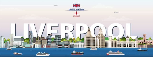 Liverpool graphic stylized cityscape colorful vector illustration with big city name on the background