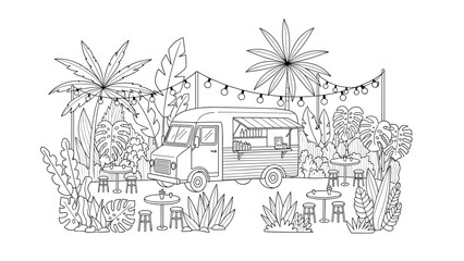 Tropical food truck oasis with string lights and lush foliage in linear art