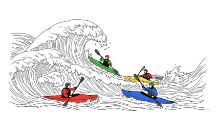 Colorful kayakers braving the waves in a dynamic linear art style adventure