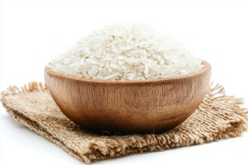 Bowl of white rice with wooden spoon isolated on clean background / close up image of white rice in a bowl / for social 