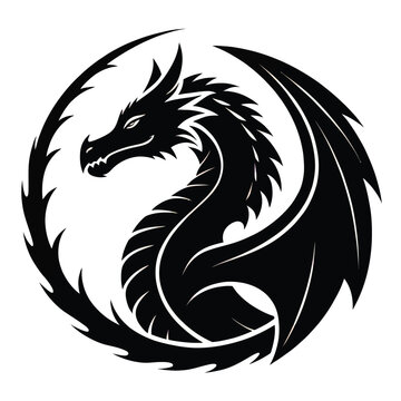 Majestic black dragon vector illustration. Features a powerful mythical creature with wings, coiled within a circular frame. Ideal for fantasy themes, gaming, and branding.