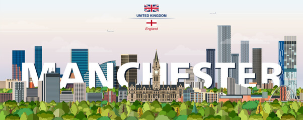 Manchester graphic stylized cityscape colorful vector illustration with big city name on the background
