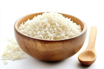 Bowl of white rice with wooden spoon isolated on clean background / close up image of white rice in a bowl / for social 
