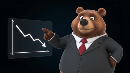 Business bear analyzes market downtrend with animated presentation in formal attire - Powered by Adobe