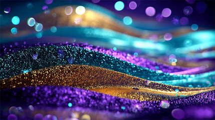 Glitter Golden Teal Violet Wave Stripes Design Sparkle Motion Lines with bokeh effect background