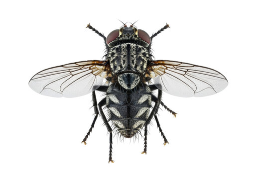 ultra-detailed housefly specimen isolated on pure white; focus on ruby-red compound eyes, dark chitinous body, and delicate transparent wings, clinical macro photography concept