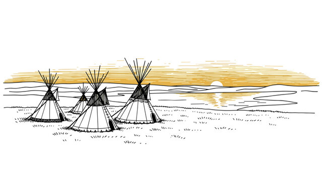 Scenic sunset with teepees in hand drawn landscape