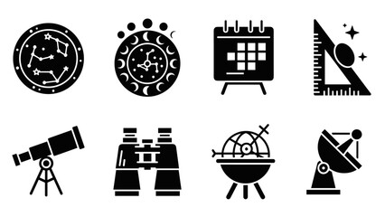 Celestial discoveries: astronomy icons in modern silhouette style
