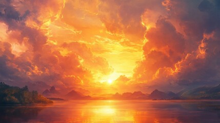 golden sunrise with glowing clouds and warm light, bright early morning landscape