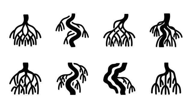 Set of black tree roots icons on white background