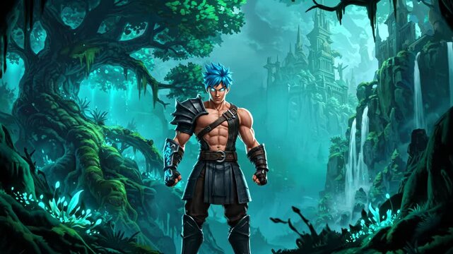 Epic bluehaired warrior in enchanted forest adventure amidst whispering trees