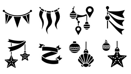 Festive icon set: silhouette banners, flags, ornaments, and stars for holiday designs