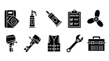 Obraz premium Nautical silhouette icons featuring tools and equipment for marine maintenance and safety