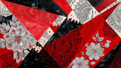 Bold geometric Suprematist shapes in red and black overlaid with intricate, delicate Indian Henna (Mehendi) floral patterns in white.