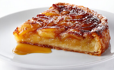 Tarte Tatin Slice with Oozing Caramel Syrup and Golden Puff Pastry, Isolated on Ultra-Bright White Background