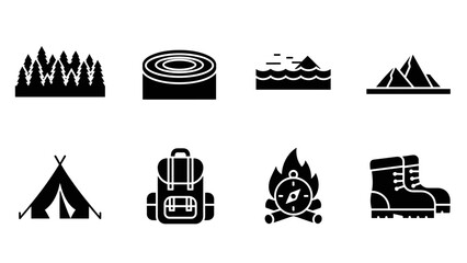 Naklejka premium Minimalist outdoor icons: camping, hiking, and nature adventure symbols