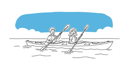 Line art scene of couple kayaking on a sunny day with blue sky