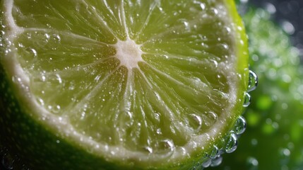 A slice of fresh lime is shown with droplets of water on its surface. The lime is cut in half revealing its green interior. The setting is bright with a focus on the fruit.