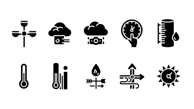Set of weather and climate measurement icons in bold black silhouette style