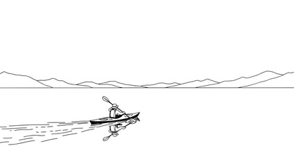 Minimalist line art of man kayaking on calm lake with mountain view