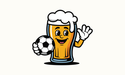Cartoon beer glass character holding a soccer ball